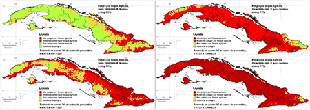 Peligro por sequía agrícola para periodos estaciónales lluvioso y poco lluvioso, a diferentes probabilidades: parte superior 75% y parte inferior 25%.