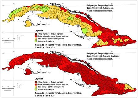 Peligro por sequía agrícola para periodos estaciónales lluvioso y poco lluvioso, valor promedio municipal.