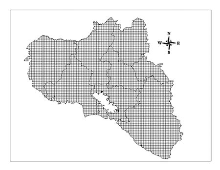 Rejilla de 1x1 km utilizada en el cálculo del “área afectada por incendios”. Provincia Cienfuegos.