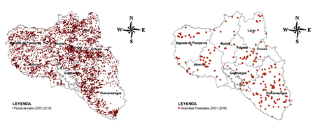 Distribución de focos de calor (izquierda) e incendios forestales (derecha) en el período 2001-2016 en la provincia Cienfuegos.