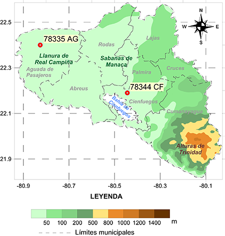 Mapa físico geográfico de la provincia Cienfuegos y ubicación de las estaciones meteorológicas utilizadas en el estudio.
