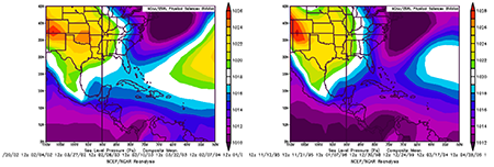 Patrones sinópticos más frecuentes asociados a la ocurrencia de nieblas generalizadas en la provincia Cienfuegos relacionados con el tránsito de sistemas frontales por el golfo de México (izquierda) y Cuba (derecha). 
