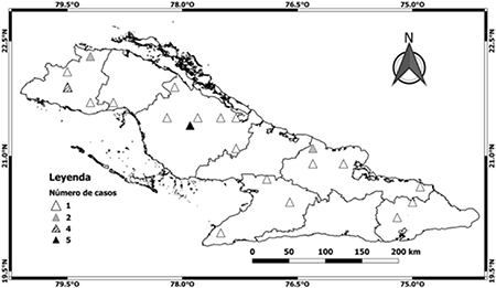 Distribución de los casos de TLS que generaron lluvias localmente intensas.