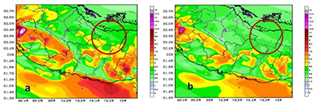 Comportamiento de la cizalladura vertical (a) en la capa superficie- 850 hPa (b) en la capa superficie- 700 hPa, en el municipio de Yaguajay el 29/5/2016