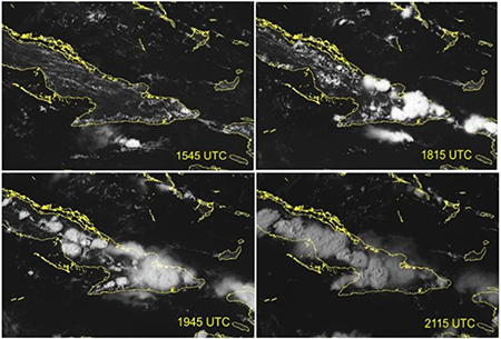 Secuencia de imágenes de satélite GOES 13, del día 13 de agosto de 2015 donde se observa la formación de actividad convectiva fuerte