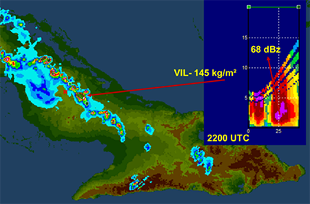 Corte vertical que muestra los altos valores de VIL y el eco de máxima reflectividad por debajo de los 5 km, el 2 de julio de 2014 en Camagüey