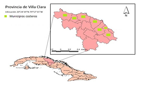 Mapa provincial de Villa Clara, especificando los siete municipios costeros.