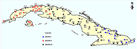 Distribución espacial de las estaciones pertenecientes a los grupos definidos en el análisis de cluster representado en la figura 8.