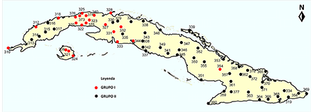 Distribución espacial de las estaciones pertenecientes a los grupos definidos en el análisis de cluster del número promedio normalizado de días con tormenta por meses en el periodo 2005 - 2016.