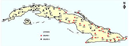 Distribución espacial de las estaciones pertenecientes a los grupos definidos en el análisis de cluster representado en la figura 4.