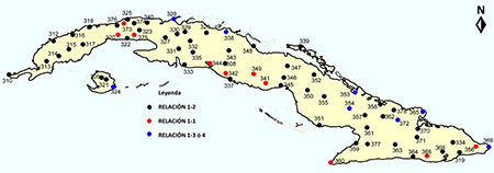 Distribución espacial del cociente entre el por ciento de ocurrencia de observaciones con tormenta calculado a partir de los registros de tiempo presente y pasado y el solo calculado con tiempo presente para cada estación en estudio en el periodo 2005 - 2016.