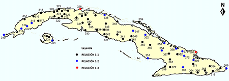 Distribución espacial del cociente entre el número promedio anual de días con tormenta calculado a partir de los registros de tiempo presente y pasado y el solo calculado con tiempo presente para cada estación en estudio en el periodo 2005 - 2016.