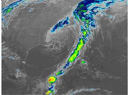 Imagen infrarroja del día 20 de abril de 2019 a las 01:40 UTC, el último Frente Frío de la temporada 2018-2019 transitando por el occidente de Cuba.