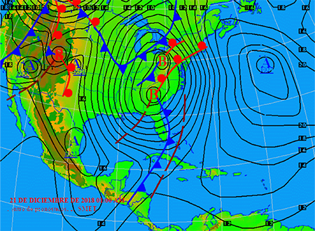 Mapa de la superficie a nivel del mar, 21 de diciembre de 2018, 0600 UTC.