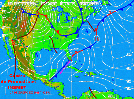 Mapa de la superficie a nivel del mar, 28 de enero de 2019, 0000 UTC.