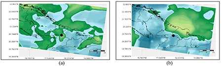 Campos de variación de temperatura potencial equivalente entre el nivel de mínima humedad en los niveles medios y el nivel de máxima humedad en los niveles bajos: a) 1ro de julio de 2017, AA b) 3 de julio de 2017, TE.