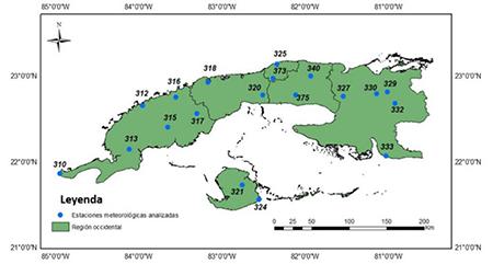 Localización de las estaciones meteorológicas seleccionadas de la región occidental de Cuba