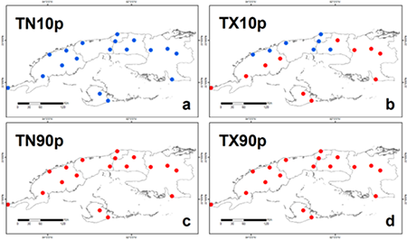 Comportamiento de (a) las noches frías, (b) los días fríos, (c) las noches cálidas y (d) los días cálidos cuando aumentan los valores de los índices de la AO y la NAO en el período 1981-2010. El color rojo indica aumento y el azul indica disminución.