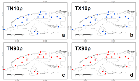 Comportamiento de (a) las noches frías, (b) los días fríos, (c) las noches cálidas y (d) los días cálidos cuando aumentan los valores de los índices de la NAO, la AO y el ENOS en el período 2010-2016. El color rojo indica aumento y el azul indica disminución.