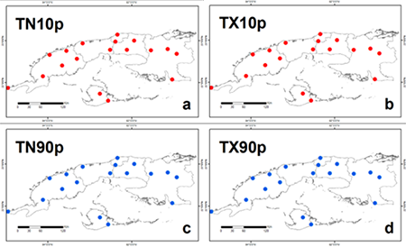 Comportamiento de (a) las noches frías, (b) los días fríos, (c) las noches cálidas y (d) los días cálidos cuando disminuyen los valores de los índices de la AO y la NAO en el período 1981-2010. El color rojo indica aumento y el azul indica disminución.