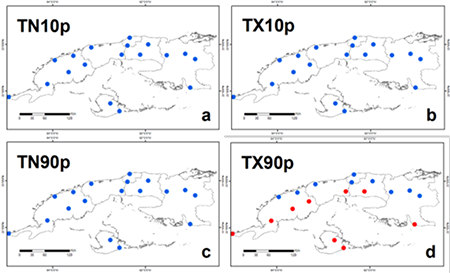 Comportamiento de (a) las noches frías, (b) los días fríos, (c) las noches cálidas y (d) los días cálidos cuando aumentan los valores de los índices de la AO y la NAO en el período 1981-2010. El color rojo indica aumento y el azul indica disminución.