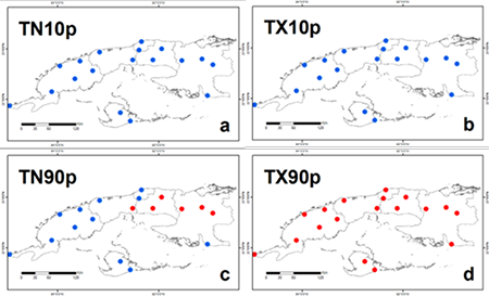 Comportamiento de (a) las noches frías, (b) los días fríos, (c) las noches cálidas y (d) los días cálidos cuando disminuyen los valores del índice del ENOS en el período 1981-2010. El color rojo indica aumento y el azul indica disminución.