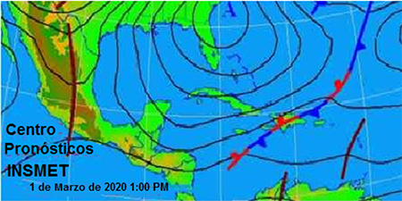 Mapa de Superficie 1ro de marzo de 2020 a las 1800UTC (Instituto de Meteorolog&iacute;a)