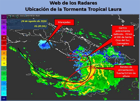 Mosaico de los radares meteorol&oacute;gicos de la regi&oacute;n central, que muestra el centro de circulaci&oacute;n de Laura al oeste de la provincia de Granma 24.08.20 a las 05:20Z.