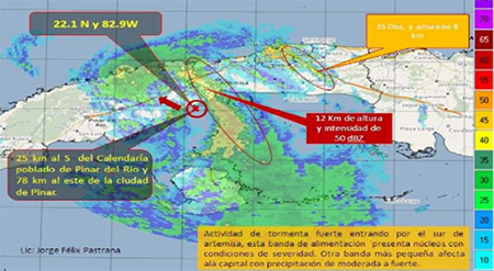 Radar meteorol&oacute;gico de casa Blanca, que muestra el centro de circulaci&oacute;n entrando por Punta La Capitana, San Crist&oacute;bal, Artemisa 24.08.20 entre las 23:00Z.