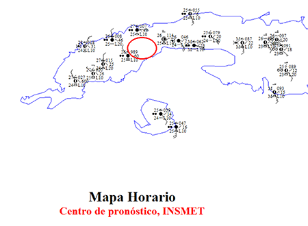 Mapa horario del Centro Nacional de Pron&oacute;sticos correspondiente al 24.08.20 a las 23:00Z, que muestra el centro de circulaci&oacute;n en el extremo occidental de Artemisa.