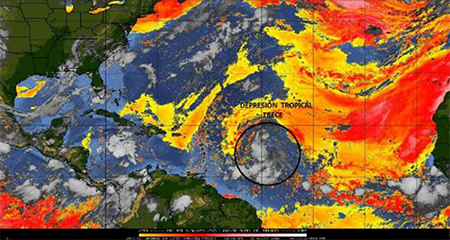 Nubes de polvo del Sahara afectan la circulaci&oacute;n de la Depresi&oacute;n Tropical Trece, imagen correspondiente al 20.08.20 a las 09:00Z.