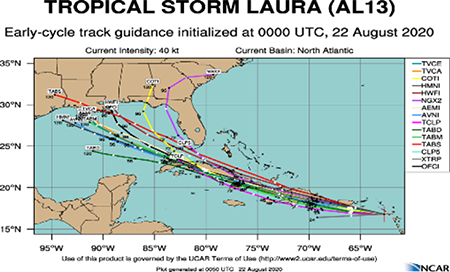Modelos de trayectoria Tormenta Tropical Laura 22.08.20 a las 00:00Z.