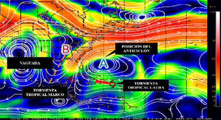 Flujo predominante niveles bajos y altos de la trop&oacute;sfera 22.08.20 a las 09:00Z.