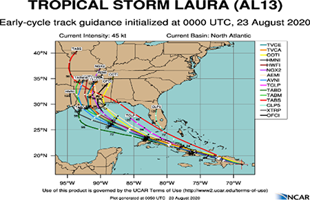 Modelos de trayectoria Tormenta Tropical Laura 23.08.20 a las 00:00Z.