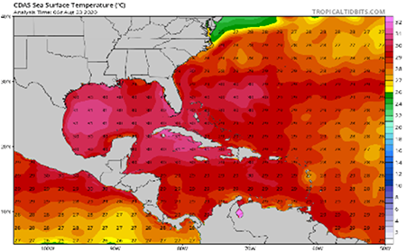 Temperatura superficial del mar 23.08.20 a las 06:00Z.
