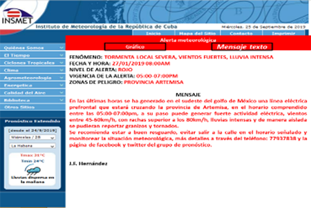 Estructura en forma de texto en sitio web de la alerta meteorol&oacute;gica para el caso de estudio del 27/01/19