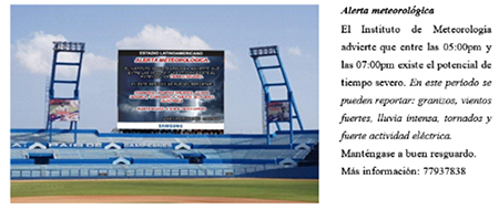 Mensaje de alerta en la pantalla gigante del estadio Latinoam&eacute;ricano de la Habana.