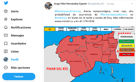 Mensaje de la alerta meteorol&oacute;gica del 27 de enero de 2019 en la red social twitter.