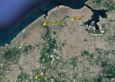 Localización de las estaciones de medición CUJAE, CUBAENERGIA e INHEM