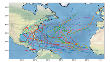 Study area and study cases. The lines represent the official track of NHC of the 24 TCs used in the evaluation. Note that their tracks cover the NATL.