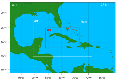 Representaci&oacute;n del dominio de corrida. En el interior se se&ntilde;ala el &aacute;rea de evaluaci&oacute;n para los experimentos desarrollados con el WRF.