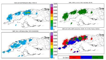 Detecci&oacute;n (EN)[cant/h] y pron&oacute;stico (LPI Jkg&minus;1, inicializado a las 12:00 UTC) de las descargas el&eacute;ctricas ocurridas el 18 de agosto del 2017 a las 20:00 UTC