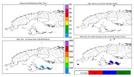 Detecci&oacute;n (ENTLN)[cant./h] y pron&oacute;stico (LPI Jkg&minus;1, inicializado a las 00:00 UTC) de las descargas el&eacute;ctricas ocurridas el 16 de agosto del 2017 a las 09:00 UTC