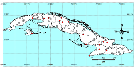 Estaciones meteorológicas en episodios cálidos (rojo), 30 de julio de 2015.
