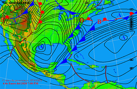 Mapa de superficie del día 5 de enero de 2020 a las 0000 UTC.