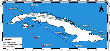 Trayectoria preliminar de los ciclones tropicales Elsa (5-6 julio), Fred (12-14 agosto) e Ida (27-28 agosto). Elaborada por el Centro Nacional de Pronósticos del Tiempo del Instituto de Meteorología.