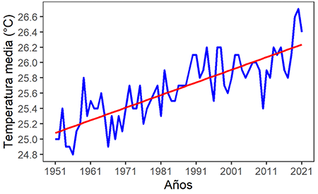 Temperatura media anual en Cuba durante el período 1951-2021. En rojo la tendencia