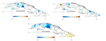 Anomalías estandarizadas de las temperaturas media (superior izq.), mínima (superior der.) y máxima (inferior centro) del mes de noviembre de 2021. Norma climatológica referida al período 1971-2000.