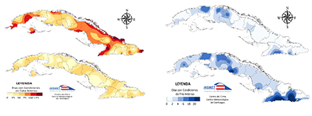 Cantidad de días con Condición de Calor Intenso (izquierda) y Cantidad de días con Condición de Frío Intenso (derecha) durante el 2021 en sus dos variante sin viento (arriba) y con viento (abajo)