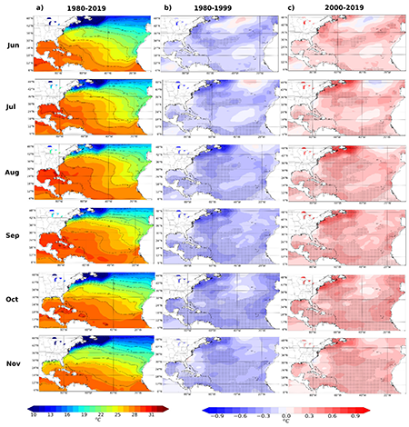 (a) Monthly mean SSTs from June to November (top to bottom) during the period 1980-2019 and SST anomalies for (b) 1980-1999 and (c) 2000-2019 periods relative to 1980-2019. Dots represent statistically significant anomalies (p < 0.05).